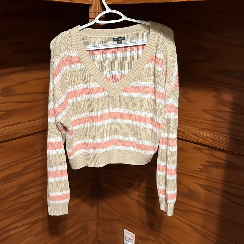 Salmon pink and white lined sweater